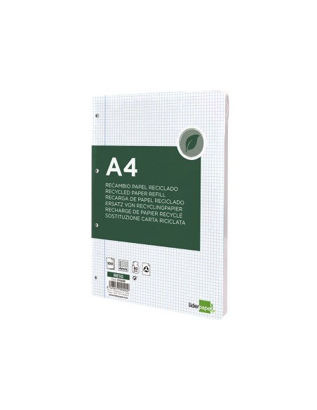 Recambio liderpapel a4 100 hojas papel reciclado 100% 80g/m2 cuadro 4mm con margen 4 taladros