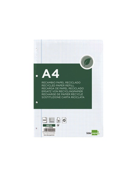 Recambio liderpapel a4 100 hojas papel reciclado 100% 80g/m2 cuadro 4mm con margen 4 taladros