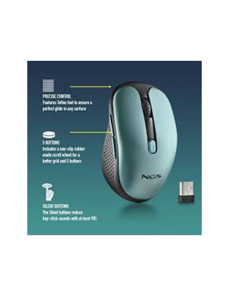 Raton ngs evo rust optico 800/1200/1600 dpi inalambrico 5 botones teclas silenciosas receptor usb 2,4 ghz verde