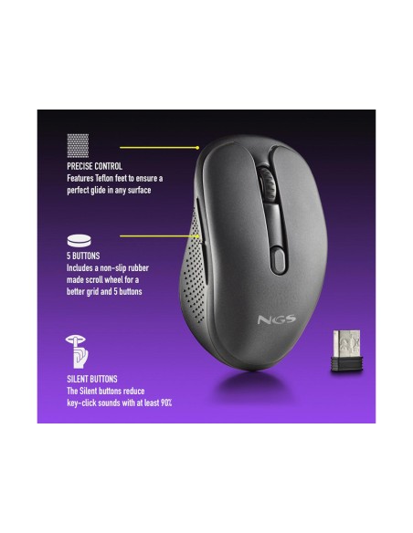 Raton ngs evo rust optico 800/1200/1600 dpi inalambrico 5 botones teclas silenciosas receptor usb 2,4 ghz negro