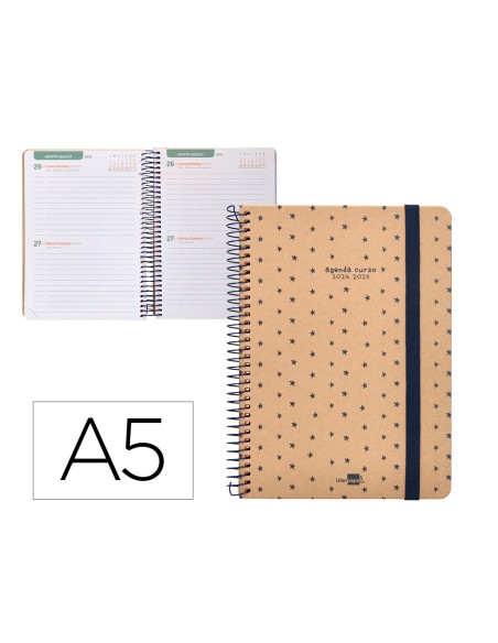 Agenda escolar liderpapel año 24 - 25 escolar classic stars 2 días página a5 papel fsc banda elastica