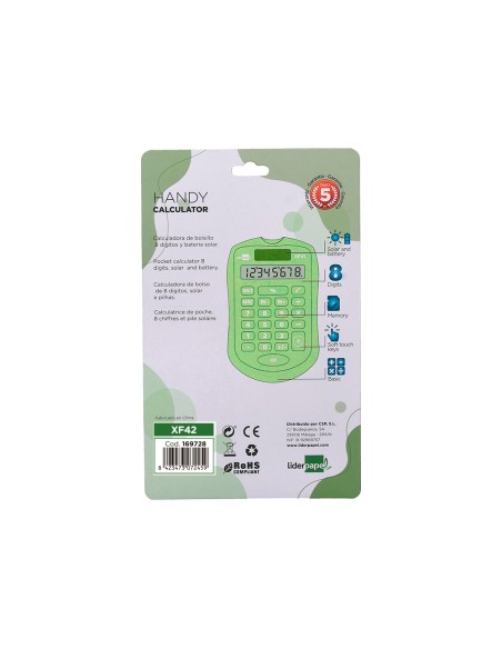Calculadora liderpapel bolsillo xf42 8 digitos solar y pilas color verde 94x59,5x10,5mm