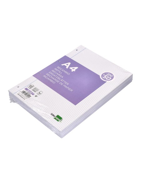 Recambio liderpapel a4 200+50 hojas 90g/m2 cuadro 4 mm con margen 4 taladros