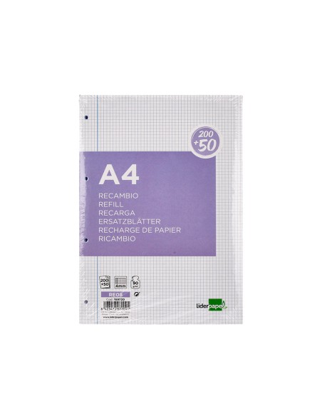 Recambio liderpapel a4 200+50 hojas 90g/m2 cuadro 4 mm con margen 4 taladros