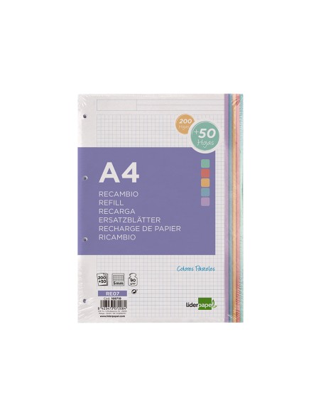 Recambio liderpapel a4 200+50 hojas 90g/m2 cuadro 5 mm 4 taladros bandas de 5 colores