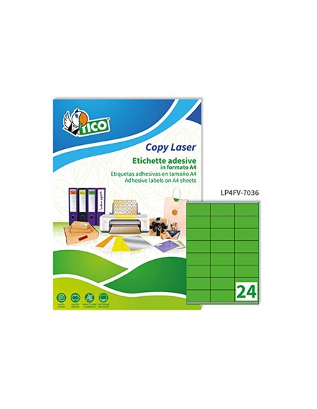 Etiqueta adhesiva tico verde f luorescentes permanente fsc laser/inkjet/fotocopia 70x36 mmcaja de 1680 unidades