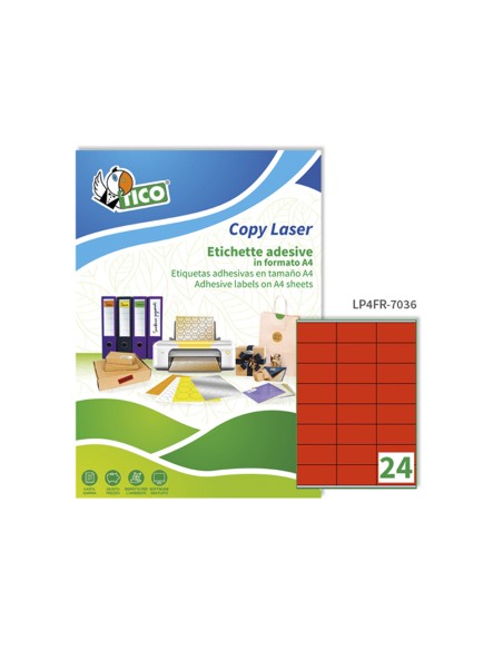 Etiqueta adhesiva tico rojo fl uorescenteses permanente fsc laser/inkjet/fotocopia 70x36 mmcaja de 1680 unidades