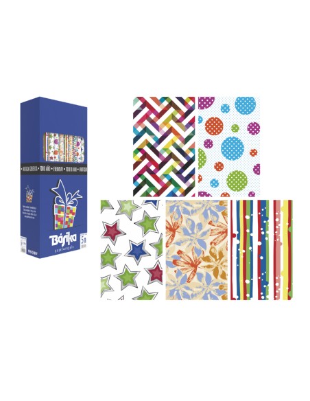 Papel de regalo basika todo año rollo ancho 70 cm longitud 5 m modelos surtidos gramaje 50 gr