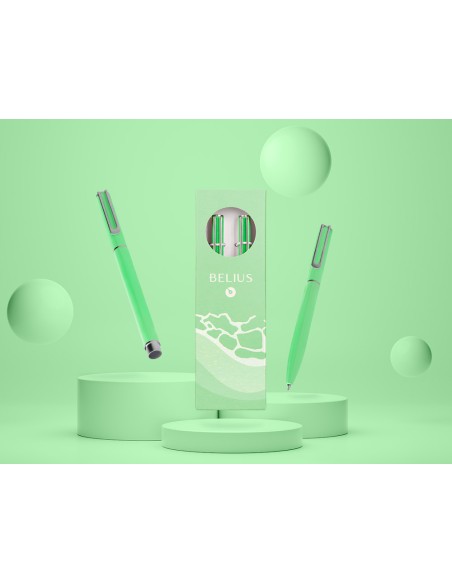 Juego boligrafo y roller belius endless summer aluminio color verde y plateado tinta azul caja de diseño