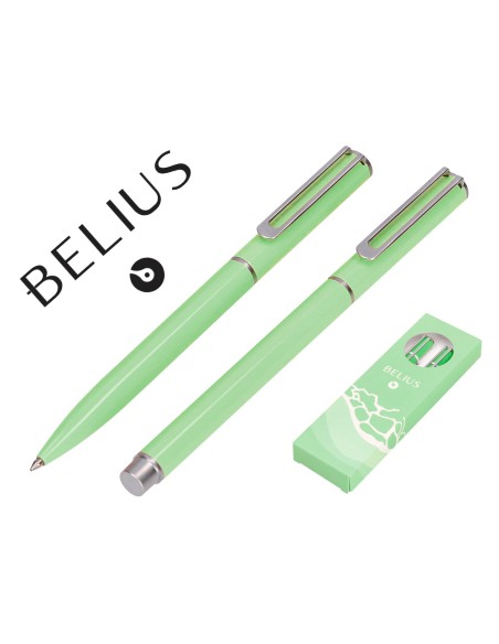 Juego boligrafo y roller belius endless summer aluminio color verde y plateado tinta azul caja de diseño