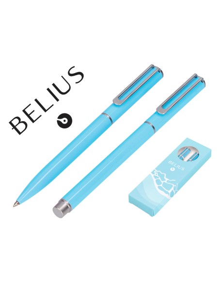 Juego boligrafo y roller belius endless summer aluminio color celeste y plateado tinta azul caja de diseño