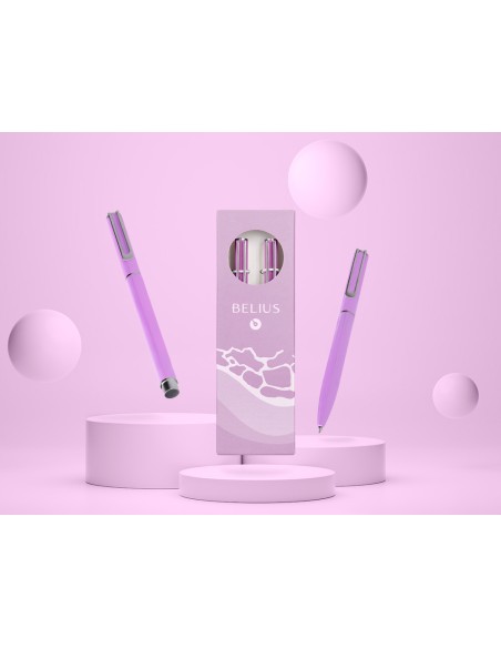 Juego boligrafo y roller belius endless summer aluminio color morado y plateado tinta azul caja de diseño