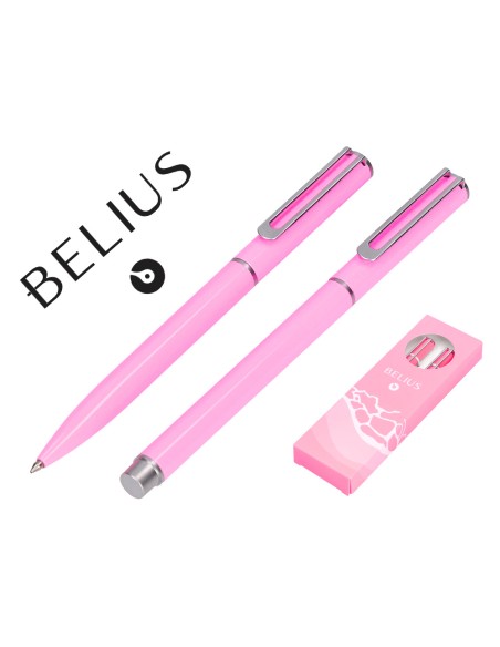 Juego boligrafo y roller belius endless summer aluminio color rosa y plateado tinta azul caja de diseño