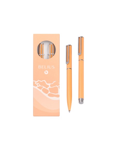 Juego boligrafo y roller belius endless summer aluminio color naranja y plateado tinta azul caja de diseño