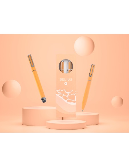 Juego boligrafo y roller belius endless summer aluminio color naranja y plateado tinta azul caja de diseño