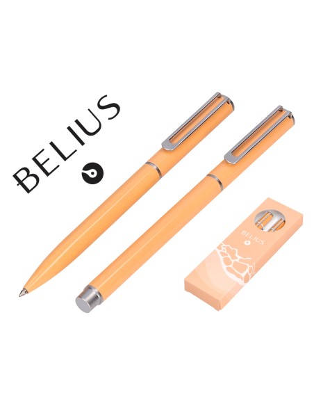 Juego boligrafo y roller belius endless summer aluminio color naranja y plateado tinta azul caja de diseño