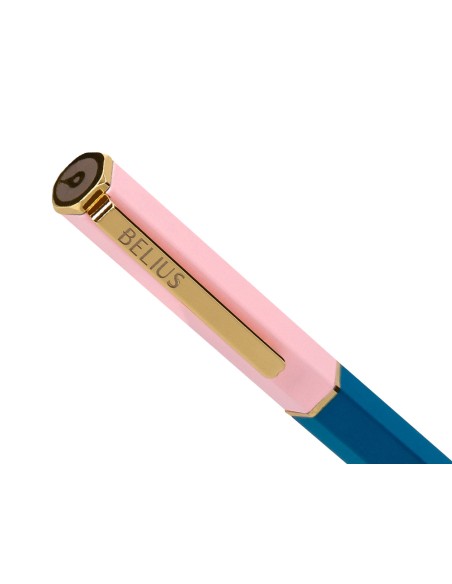 Boligrafo belius macaron bliss forma hexagonal color rosa/ azul y dorado tinta azul caja de diseño