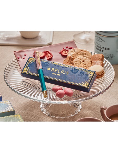Boligrafo belius macaron bliss forma hexagonal color rosa/ azul y dorado tinta azul caja de diseño