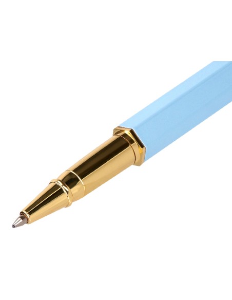 Boligrafo belius macaron bliss forma hexagonal color celeste y dorado tinta azul caja de diseño