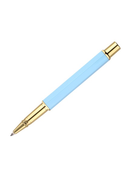 Boligrafo belius macaron bliss forma hexagonal color celeste y dorado tinta azul caja de diseño