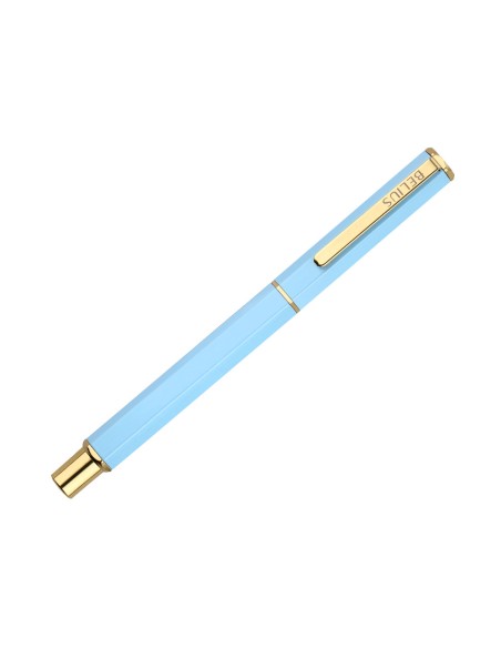 Boligrafo belius macaron bliss forma hexagonal color celeste y dorado tinta azul caja de diseño