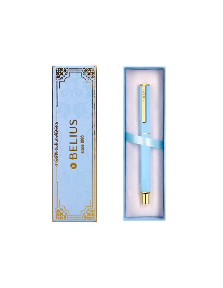 Boligrafo belius macaron bliss forma hexagonal color celeste y dorado tinta azul caja de diseño