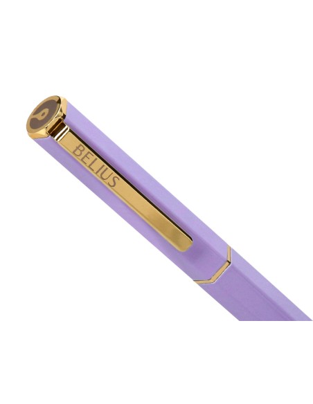 Boligrafo belius macaron bliss forma hexagonal color morado y dorado tinta azul caja de diseño
