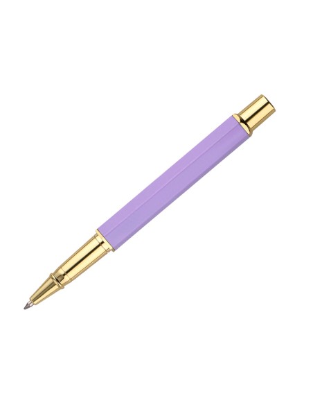 Boligrafo belius macaron bliss forma hexagonal color morado y dorado tinta azul caja de diseño