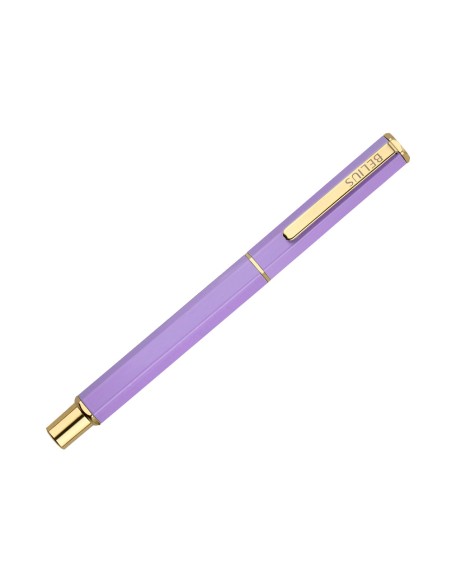 Boligrafo belius macaron bliss forma hexagonal color morado y dorado tinta azul caja de diseño