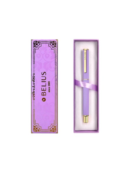Boligrafo belius macaron bliss forma hexagonal color morado y dorado tinta azul caja de diseño