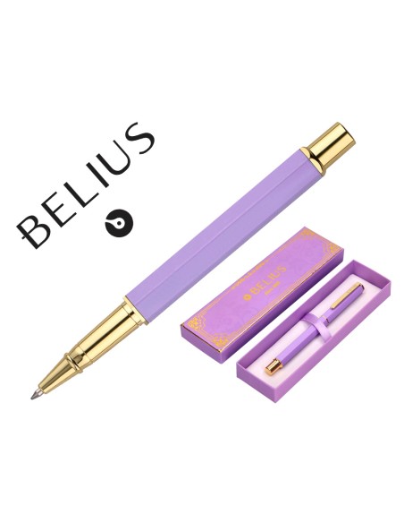 Boligrafo belius macaron bliss forma hexagonal color morado y dorado tinta azul caja de diseño