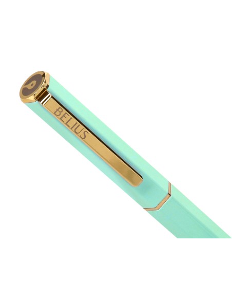 Boligrafo belius macaron bliss forma hexagonal color verde dorado tinta azul caja de diseño