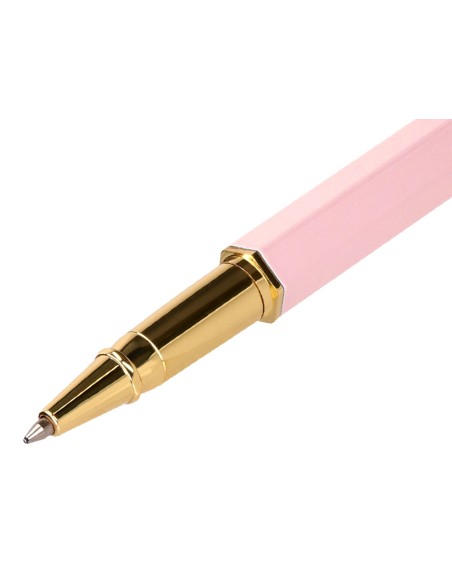 Boligrafo belius macaron bliss forma hexagonal color rosa y dorado tinta azul caja de diseño