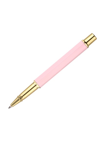 Boligrafo belius macaron bliss forma hexagonal color rosa y dorado tinta azul caja de diseño