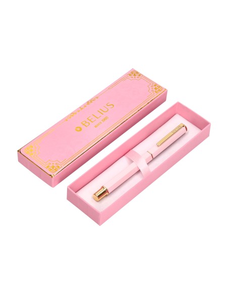 Boligrafo belius macaron bliss forma hexagonal color rosa y dorado tinta azul caja de diseño