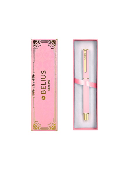 Boligrafo belius macaron bliss forma hexagonal color rosa y dorado tinta azul caja de diseño