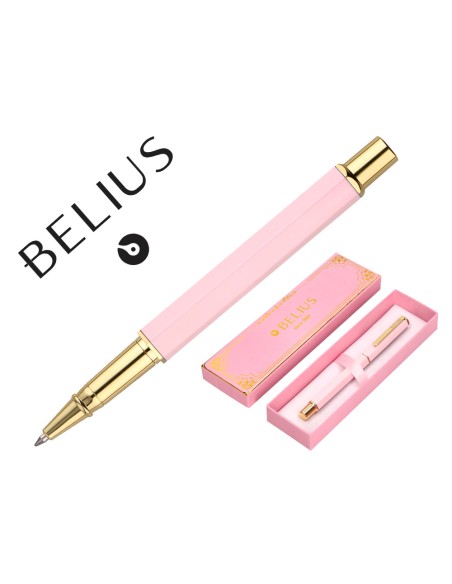 Boligrafo belius macaron bliss forma hexagonal color rosa y dorado tinta azul caja de diseño