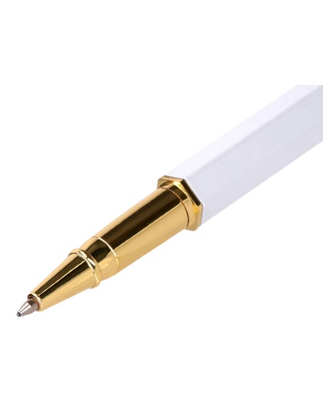 Boligrafo belius macaron bliss forma hexagonal color blanco y dorado tinta azul caja de diseño