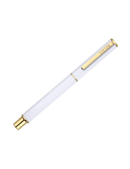 Boligrafo belius macaron bliss forma hexagonal color blanco y dorado tinta azul caja de diseño