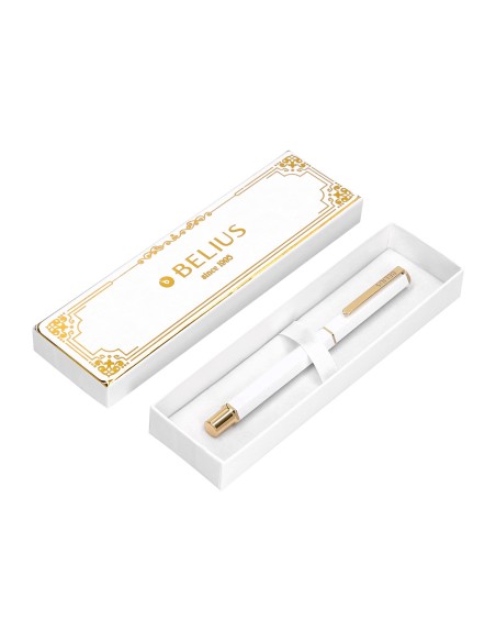 Boligrafo belius macaron bliss forma hexagonal color blanco y dorado tinta azul caja de diseño