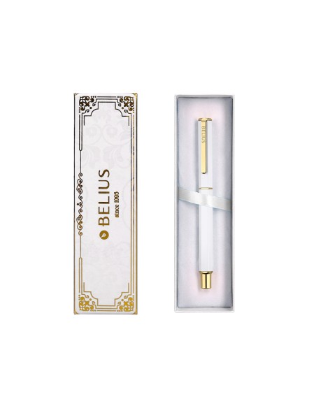 Boligrafo belius macaron bliss forma hexagonal color blanco y dorado tinta azul caja de diseño