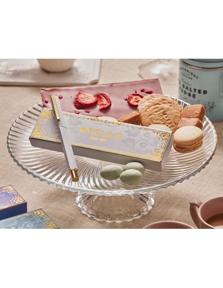 Boligrafo belius macaron bliss forma hexagonal color blanco y dorado tinta azul caja de diseño
