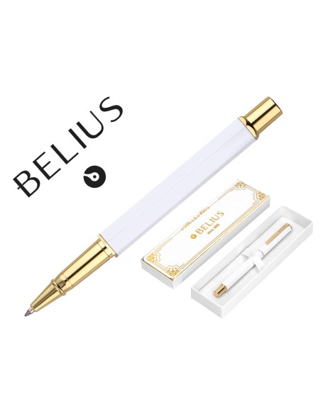 Boligrafo belius macaron bliss forma hexagonal color blanco y dorado tinta azul caja de diseño