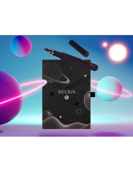 Pluma y funda de similpiel belius space b color minimalista negro tinta azul caja de diseño