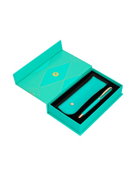 Boligrafo y estuche belius soiree color art deco turquesa y dorado tinta azul caja de diseño
