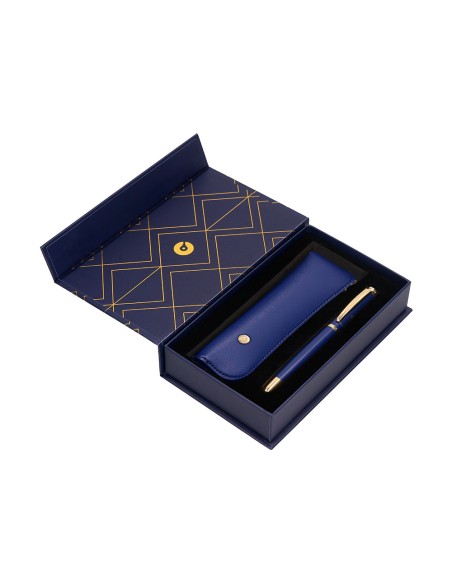 Boligrafo y estuche belius soiree color azul marino y dorado tinta azul caja de diseño