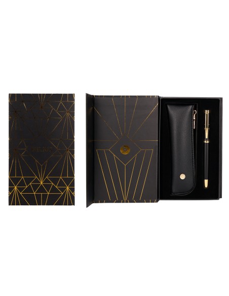 Pluma y estuche belius soiree color art deco negro y dorado tinta azul caja de diseño