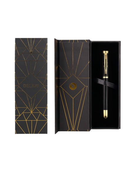 Boligrafo belius soiree aluminio color art deco negro y dorado tinta azul caja de diseño