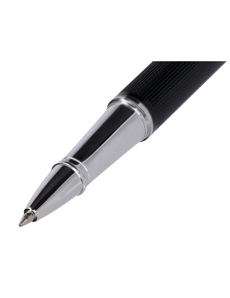 Roller y estuche belius turbo aluminio textura punteada negro plateado tinta azul caja de diseño