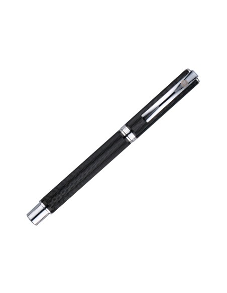 Roller y estuche belius turbo aluminio textura punteada negro plateado tinta azul caja de diseño
